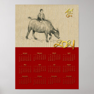 Poster W Buffalo Child Chinese Ox Year 2021 Calendar P