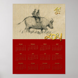 Poster W Buffalo Children Chinese Ox Year 2021 Calendar P