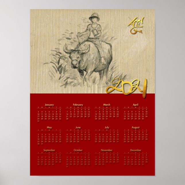 Poster W Buffalo Kid Chinês Ox Ano 2021 Calendário P (Frente)