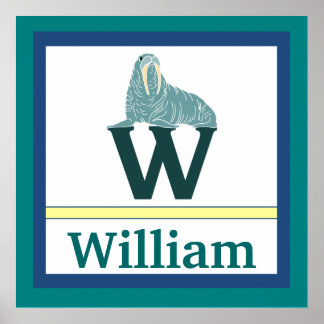 Poster W é para Walrus e Boy Name Wall Art para Crianças