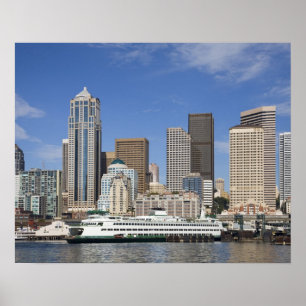 Pôster WA, Seattle, panorama de Seattle com balsa