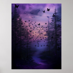 Poster Wabi Sabi Black Butterflies Purple Forest Abstrato