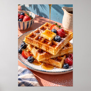 Poster Wafles Belgas Dourados com Frutas Vermelhas Fresca