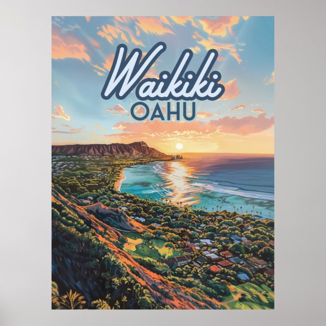 Poster Waikiki Beach Honolulu Oahu Hawaii Retro (Frente)