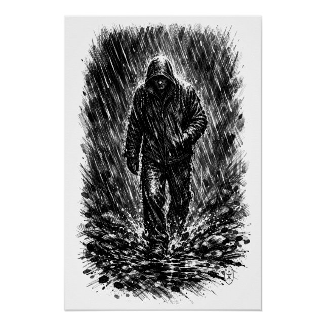 Pôster Walker in the Rain – Haunted Ink Illustration (Frente)