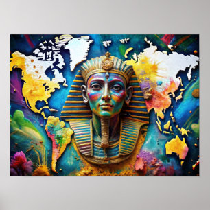 Poster Wall Art Water Color Pharoah Face no Mapa Mundial