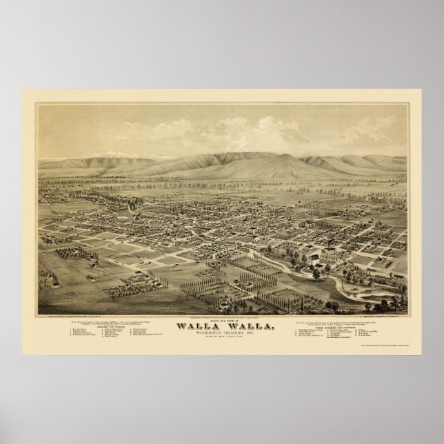 Pôster Walla Walla, Mapa Panorâmico do WA - 1876 (Frente)