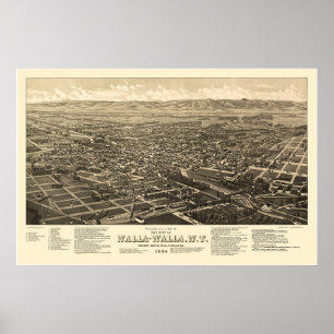 Poster Walla Walla, Mapa Panorâmico do WA - 1884