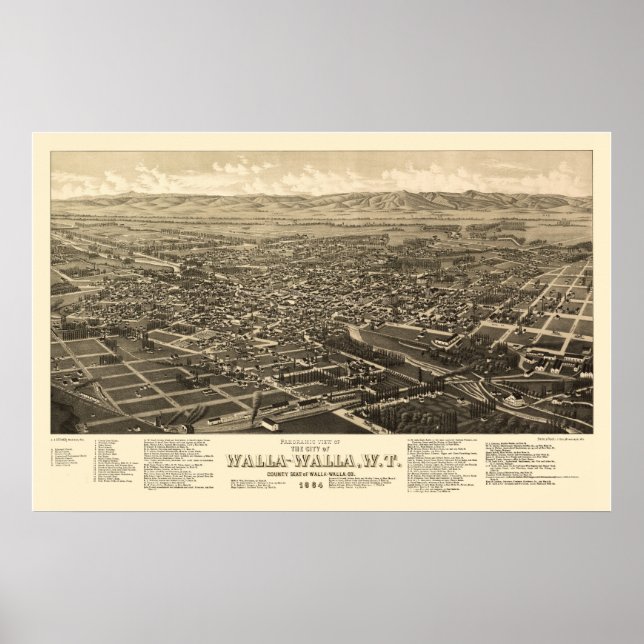 Poster Walla Walla, Mapa Panorâmico do WA - 1884 (Frente)