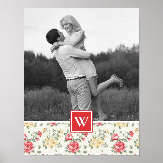 Poster Wallpaper rosa rosa Elegante | Foto com Monograma (Frente)