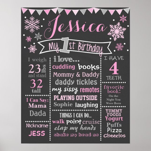 Pôster Wallthday Birthday Chalkboard de inverno - Garota (Frente)