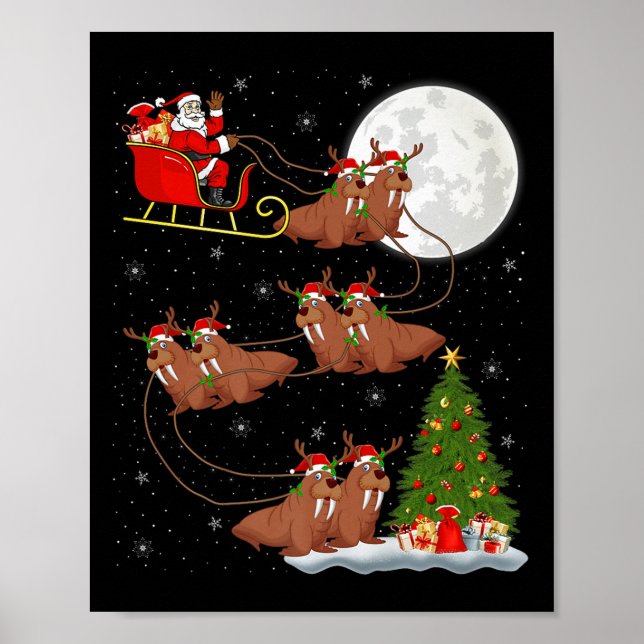 Poster Walrus Santa Sleigh Flying Funny Magical Christmas (Frente)