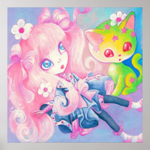 Pôster Wamono Garota Japonesa Com Gatinho Kawaii ~