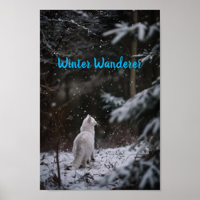 Poster Wander de inverno: Gato branco na neve (Frente)