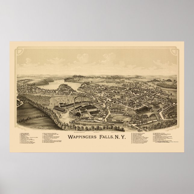 Pôster Wappingers Cai, Novo Mapa Panorâmico - 1889 (Frente)