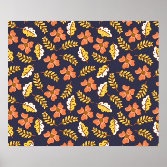 Poster Warm Falling Autumn Leaves with Flowers (Frente)