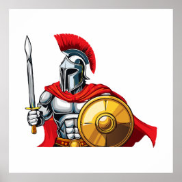Poster warrior holding sword and shield ready for battle