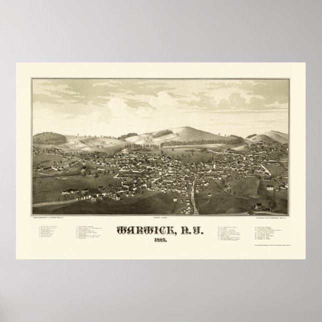 Poster Warwick, Novo Mapa Panorâmico - 1887 (Frente)