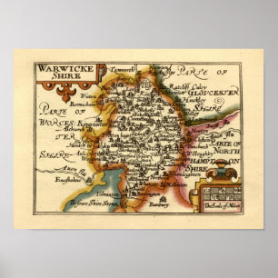 Poster Warwickshire County England Antigo Mapa Antiquário