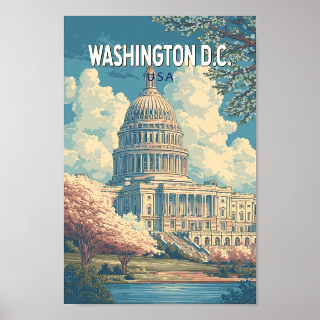 Poster Washington DC Capitol Viagem Art Vintage (Frente)