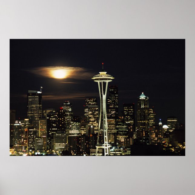 Poster Washington, Seattle, Skyline à noite de Kerry 2 (Frente)