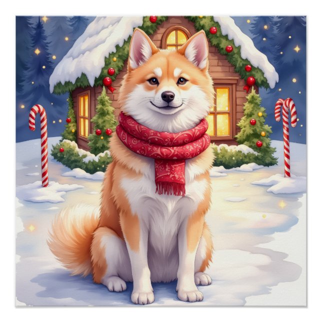 Pôster Watercolor Akita Gingerbread House Christmas  (Frente)