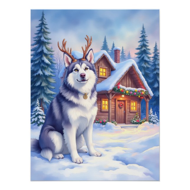 Pôster Watercolor Alaskan Malamute Reindeer Christmas (Frente)