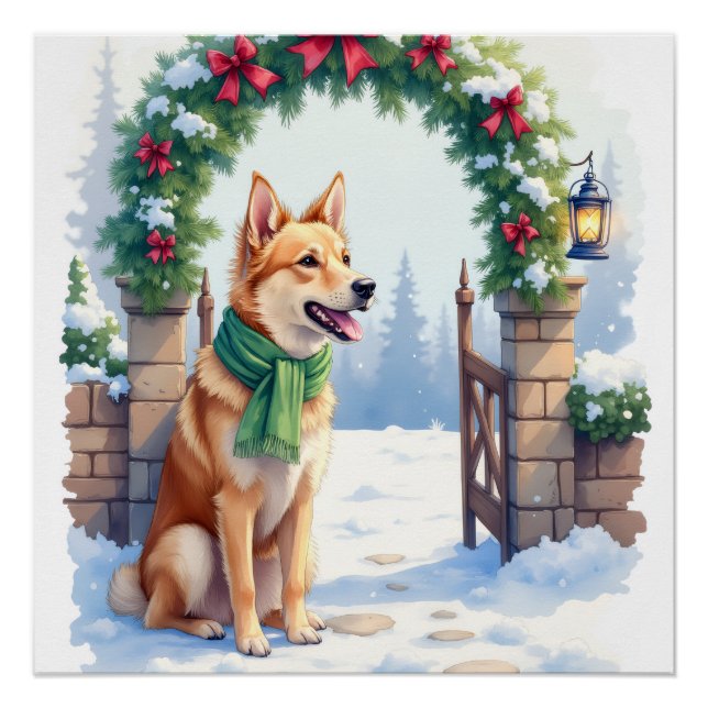 Pôster Watercolor Australian Kelpie Countryside Gate (Frente)