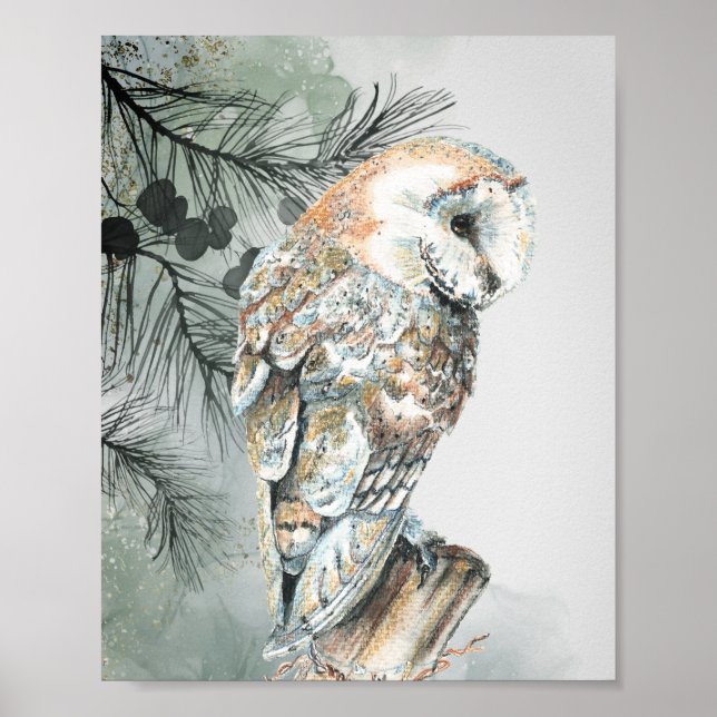 Poster Watercolor Barn Owl Nature Willife Art (Frente)