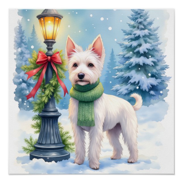 Pôster Watercolor Bedlington Terrier Lamppost Christmas (Frente)
