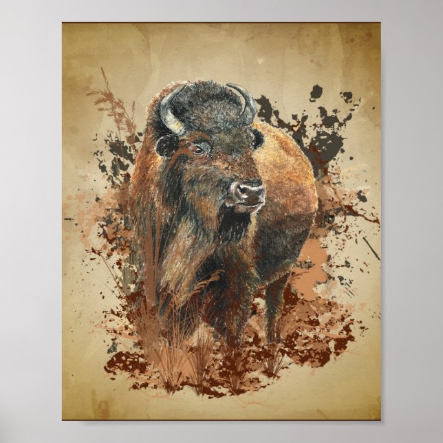 Poster Watercolor Bison Buffalo Animal Willife Nature (Frente)