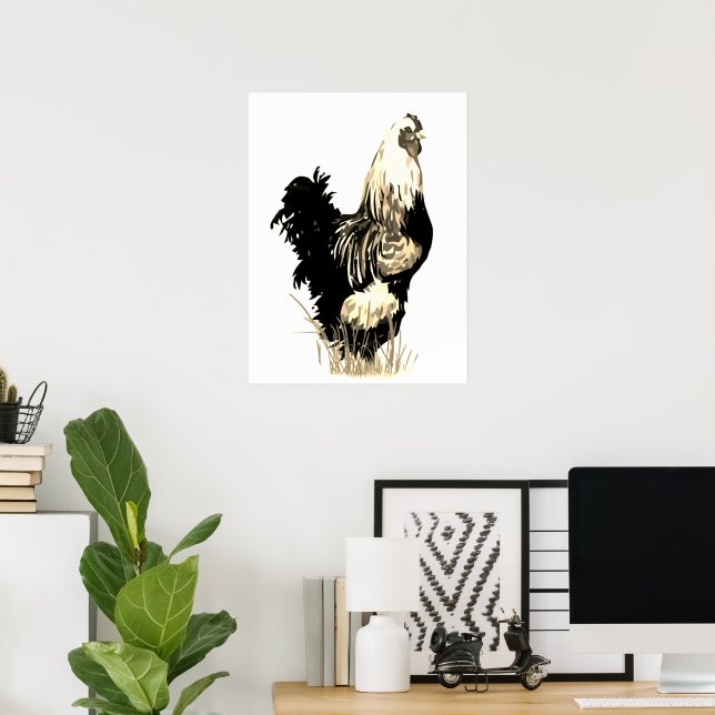Poster Watercolor Black White Rooster Chicken Farm Bird (Escritório em casa)