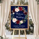 Poster Watercolor Blue Burgundy Floral Wedding Welcome<br><div class="desc">Elegant Watercolor Burgundy Marsala and Blue Floral Wreath Welcome Poster</div>