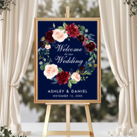 Watercolor Blue Burgundy Floral Wedding Welcome