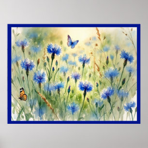Poster Watercolor Blue Floral Cornflower Alemanha  