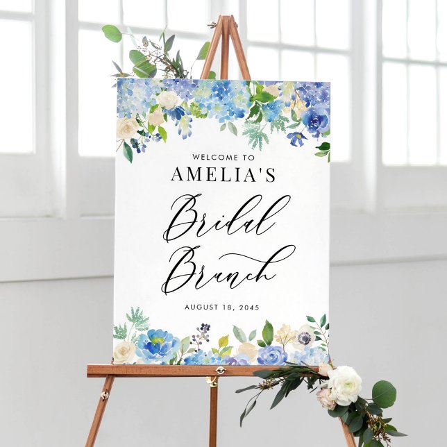 Poster Watercolor Blue Hydrangeas Bridal Brunch Bem-vindo (Watercolor Blue Hydrangea Flowers Bridal Brunch Welcome Sign)