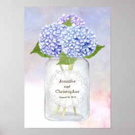 Pôster Watercolor Blue Hydrangeas e Casamento Mason Jar