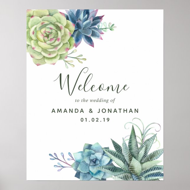 Poster Watercolor Cactus Succulents Wedding Welcome (Frente)