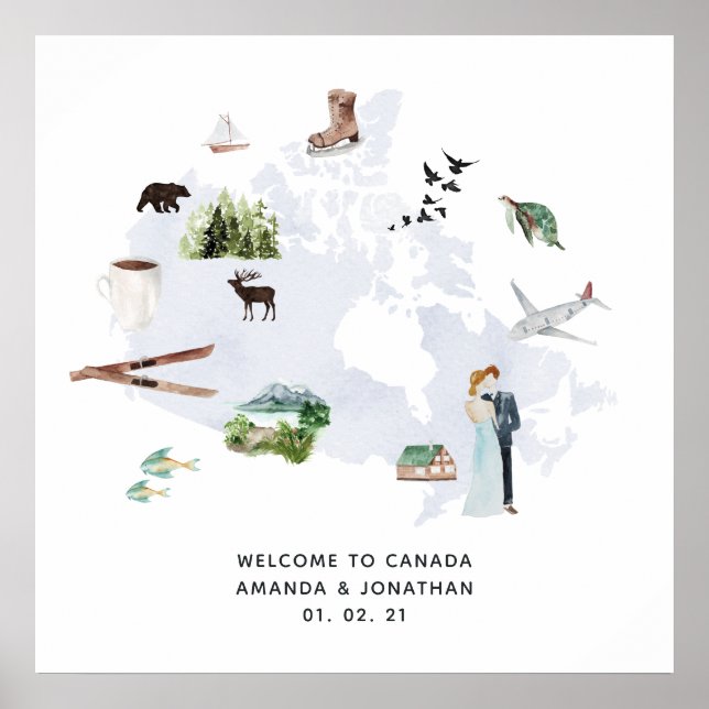 Poster Watercolor Canada Destination Wedding Welcome (Frente)