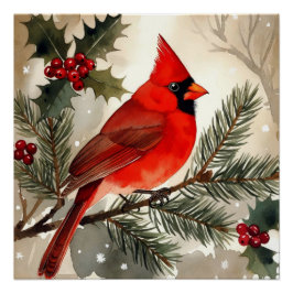 Pôster Watercolor Cardinal on Snowy Pine Branch Christmas