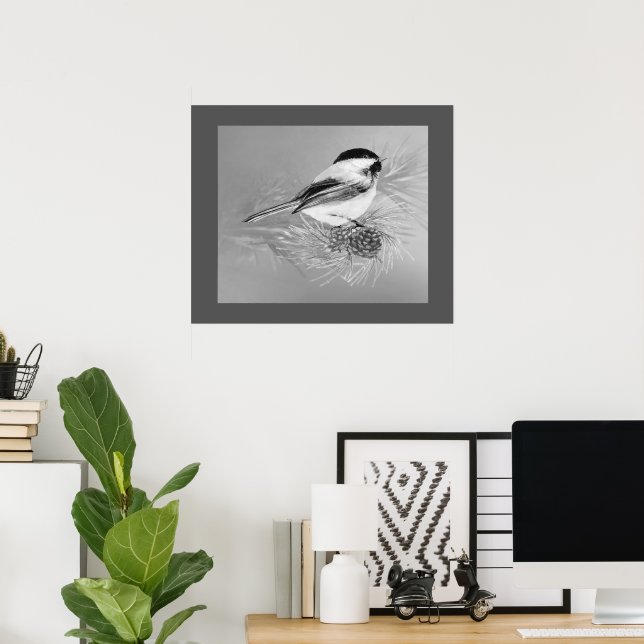 Poster Watercolor Chickadee Bird Pine Cone Nature Art (Escritório em casa)