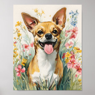 Poster Watercolor Chihuahua no Prado de Flores Selvagens 