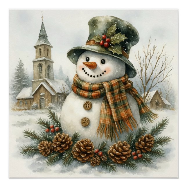 Pôster Watercolor Christmas Snowman Cozy Winter Holiday  (Frente)