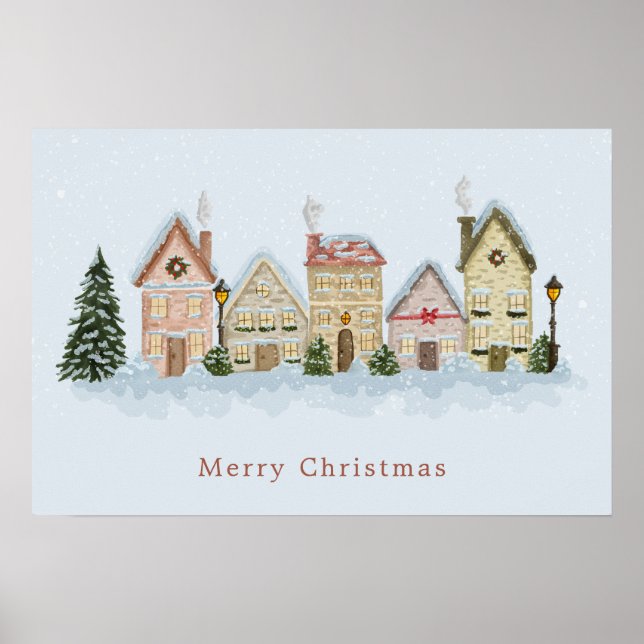 Poster Watercolor Christmas Village Merry Christmas Blue (Frente)