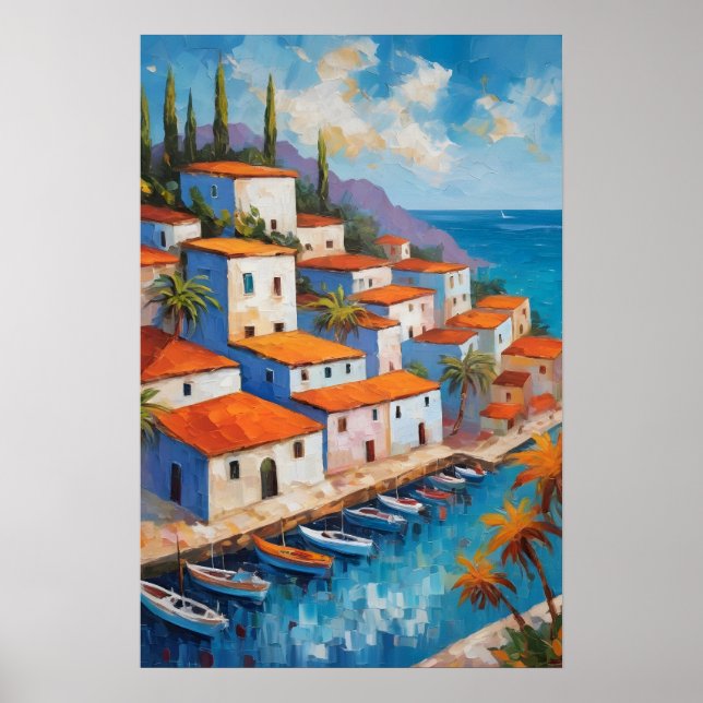 Poster Watercolor Coastal Village  sailboat   (Frente)