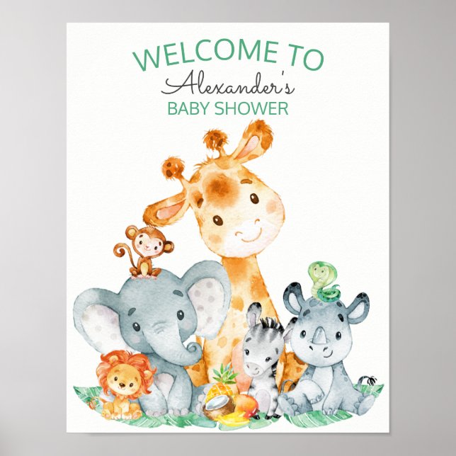 Poster Watercolor Cute Safari Jungle Baby Shower (Frente)