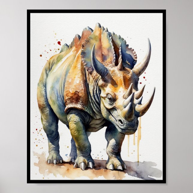 Poster Watercolor Dinosaur Triceratops Ceratopsian (Frente)