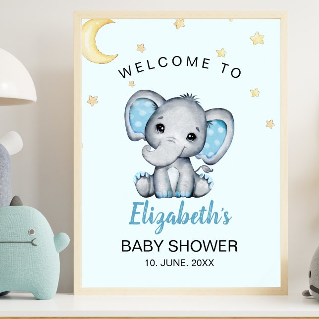 Poster Watercolor Elephant Baby Shower Boy, Blue and Gray (Criador carregado)