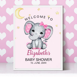 Poster Watercolor Elephant Baby Shower Girl Pink and Gray