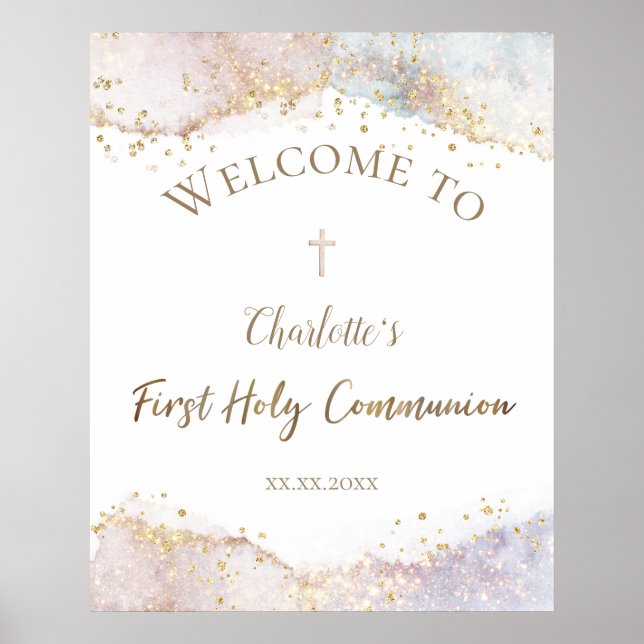 Poster watercolor faux glitter First Communion welcome  (Frente)